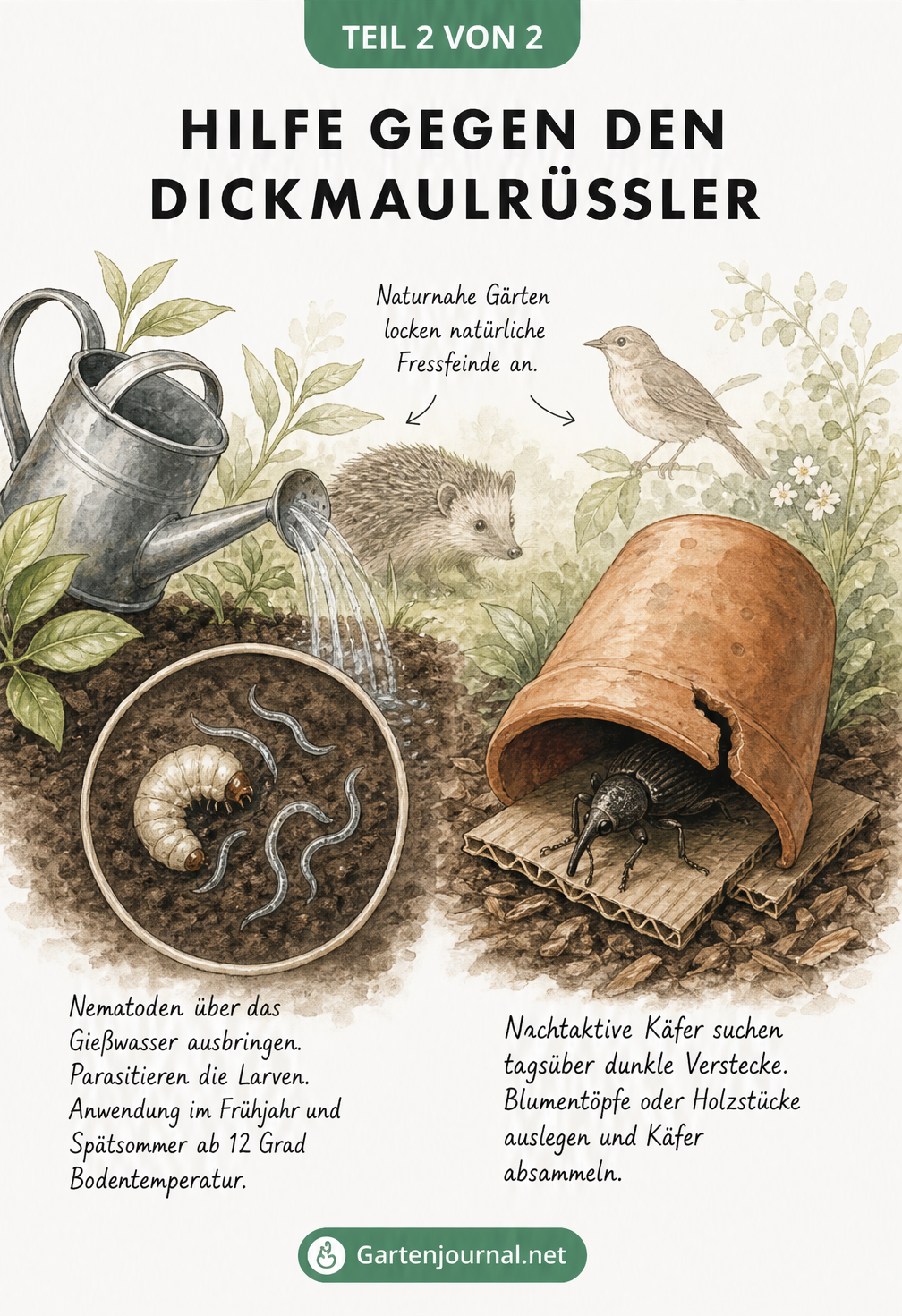 Zeichnung zur biologischen Bekämpfung des Dickmaulrüsslers mit Nematoden im Gießwasser und Käferfallen aus Tontöpfen