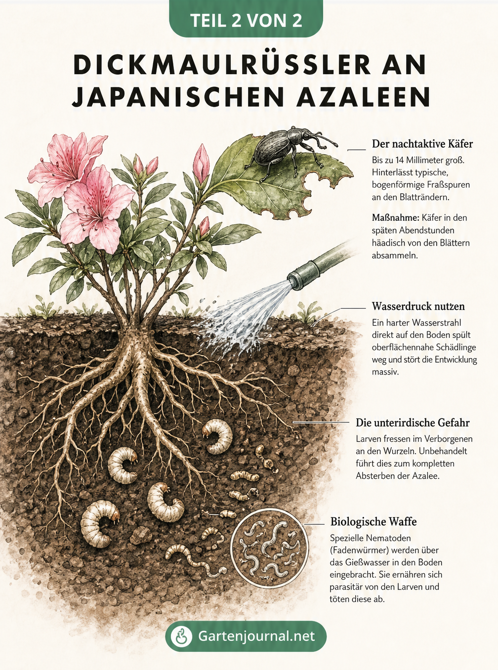 Querschnitt durch eine Japanische Azalee und das Erdreich mit Dickmaulrüssler am Blatt und Larven an den Wurzeln