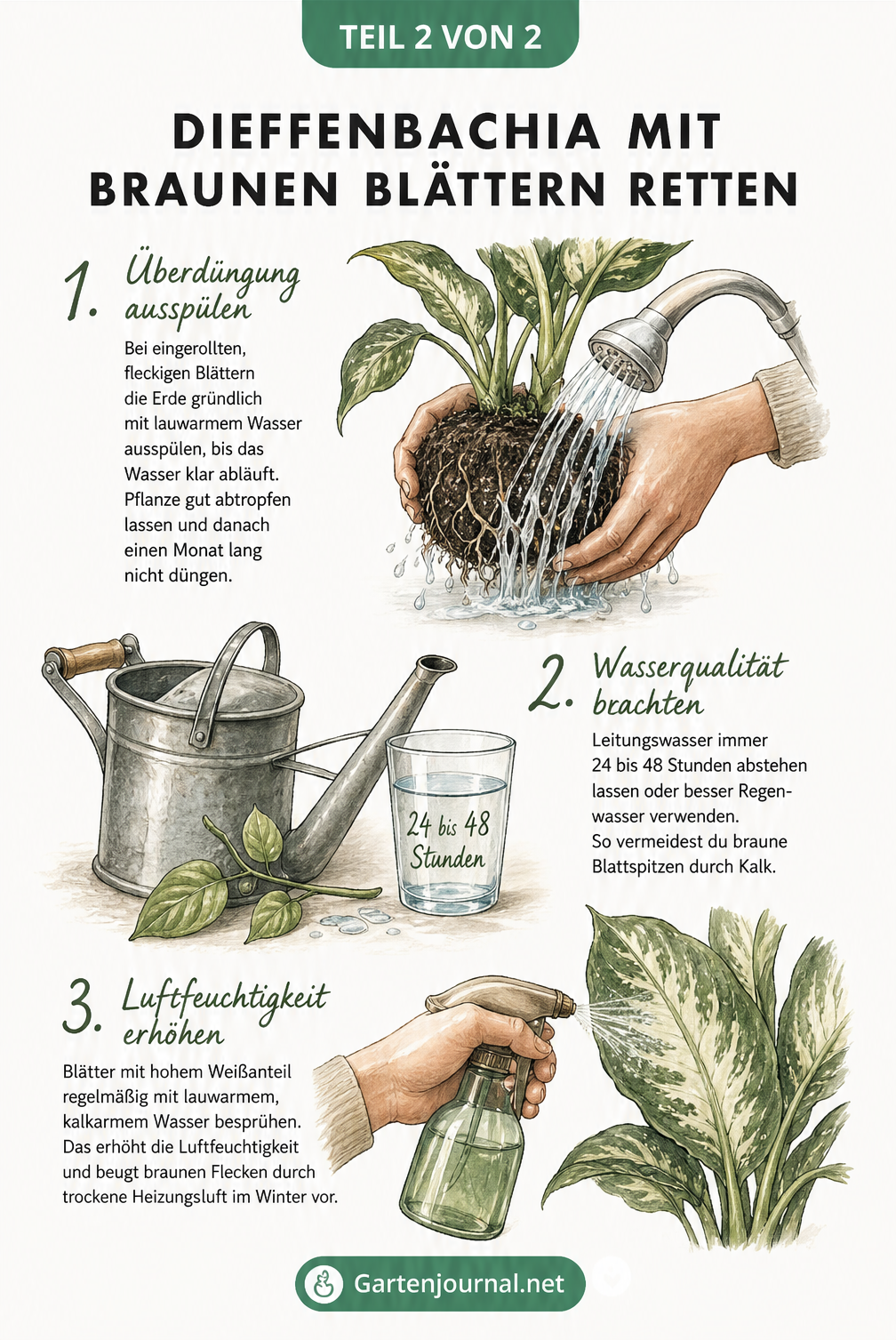 Illustration von Erste-Hilfe-Maßnahmen für die Dieffenbachia: Wurzelballen ausspülen, Gießwasser abstehen lassen und Blätter besprühen.