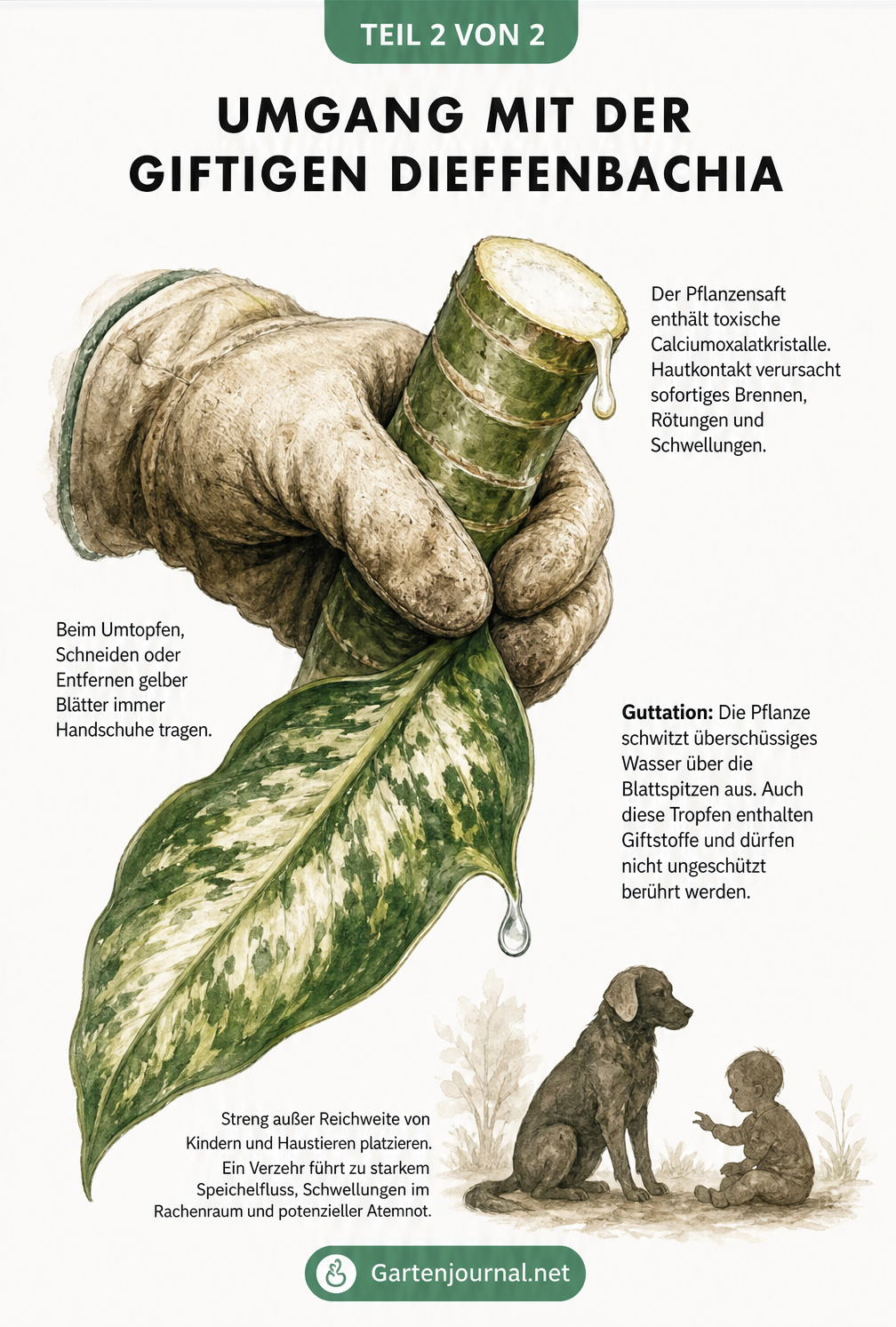 Illustration einer Hand mit Gartenhandschuh, die einen Dieffenbachia-Stängel hält, mit Warnhinweisen zur Giftigkeit