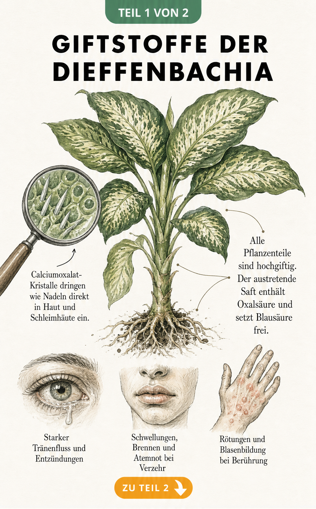 Botanische Illustration einer Dieffenbachia mit Lupe auf Blattzellen und anatomischen Skizzen zu Vergiftungssymptomen an Auge, Mund und Hand