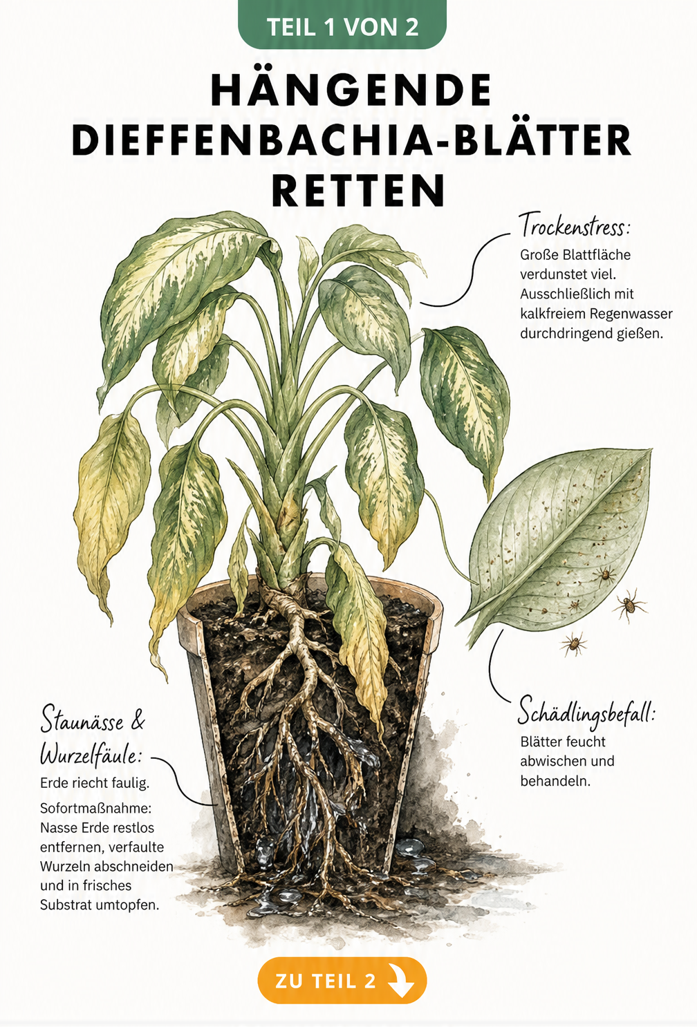 Botanische Illustration einer Dieffenbachia mit hängenden Blättern, die Ursachen wie Wurzelfäule, Trockenstress und Schädlingsbefall zeigt.