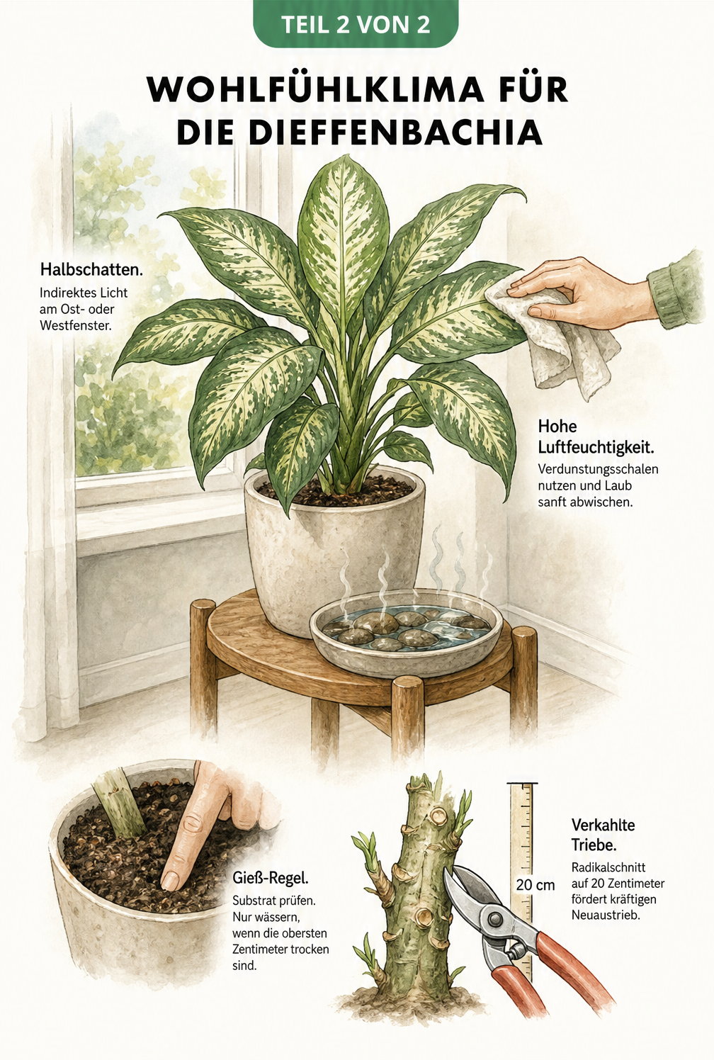 Skizze des idealen Standorts für eine Dieffenbachia mit indirektem Licht, hoher Luftfeuchtigkeit und Tipps zum Gießen und Schneiden.