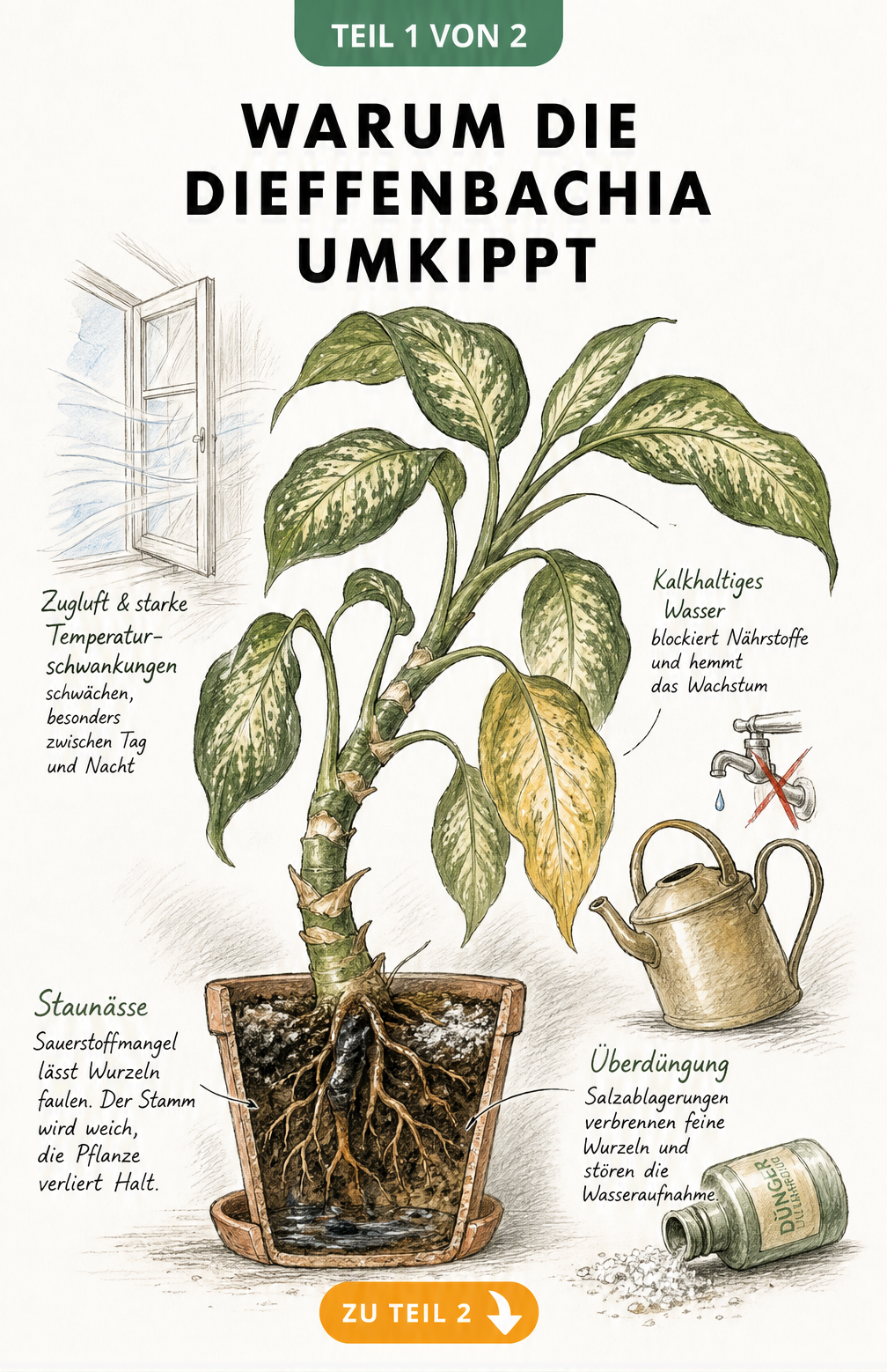 Botanische Illustration einer umkippenden Dieffenbachia im Topf mit Hinweisen auf Staunässe, Überdüngung, kalkhaltiges Wasser und Zugluft.