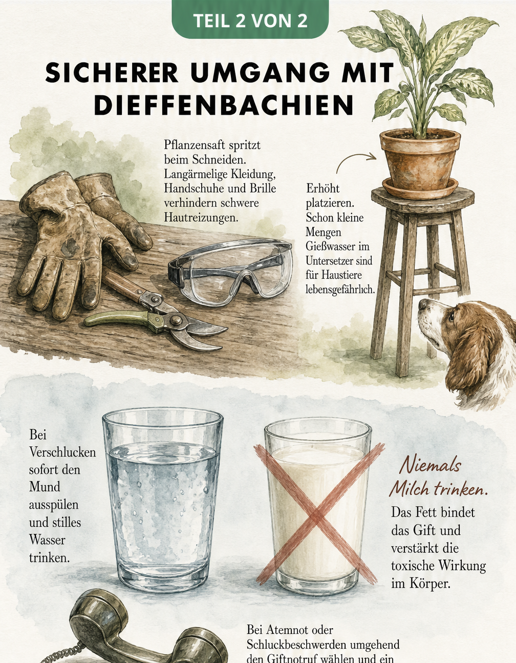 Aquarell-Illustration von Gartenhandschuhen, Schutzbrille und Gartenschere sowie einem Wasserglas zur Ersten Hilfe bei Dieffenbachia-Vergiftung