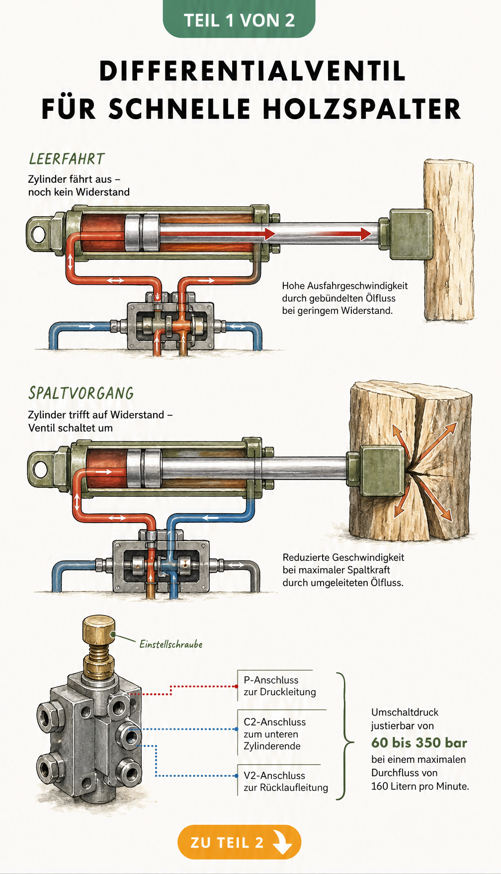Schnittdarstellung eines Hydraulikzylinders mit Differentialventil bei Leerfahrt und Spaltvorgang