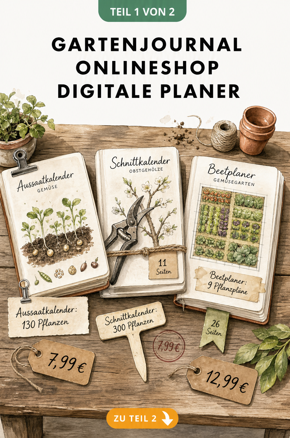 Illustration eines Pflanztisches mit drei digitalen Planern für den Garten: Aussaatkalender, Schnittkalender und Beetplaner