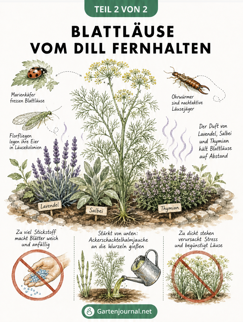 Aquarell-Zeichnung eines gesunden Dills im Beet, umgeben von abwehrenden Kräutern wie Lavendel und Nützlingen wie Marienkäfern.