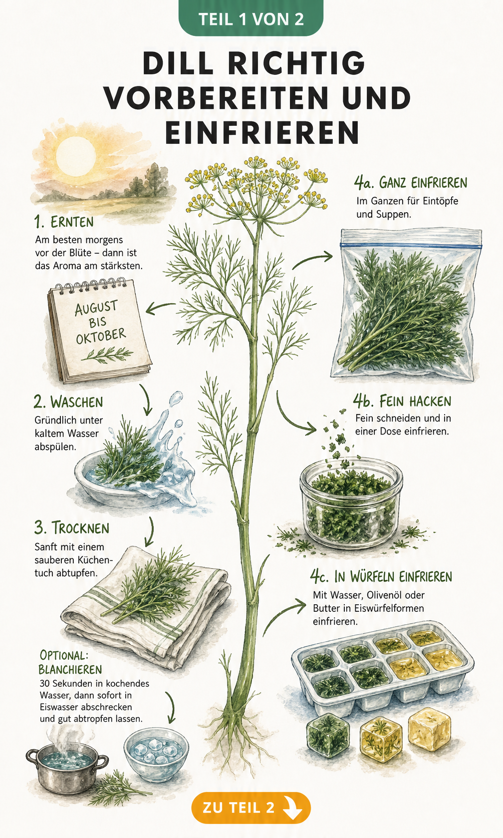 Illustration der Vorbereitung und Einfriermethoden von Dill, inklusive Erntezeit, Waschen, Blanchieren und Aufbewahrung in Beuteln, Dosen oder Eiswürfelbehältern.