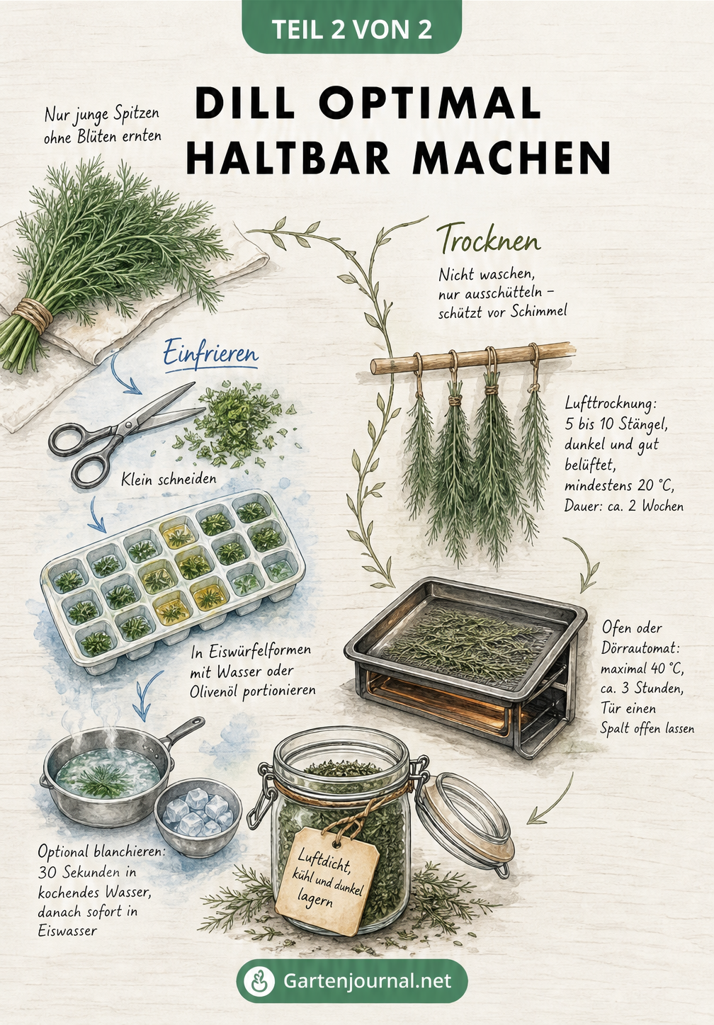 Gezeichnete Anleitung auf einem Holztisch, die die Arbeitsschritte zum Einfrieren und Trocknen von frischem Dill zeigt.