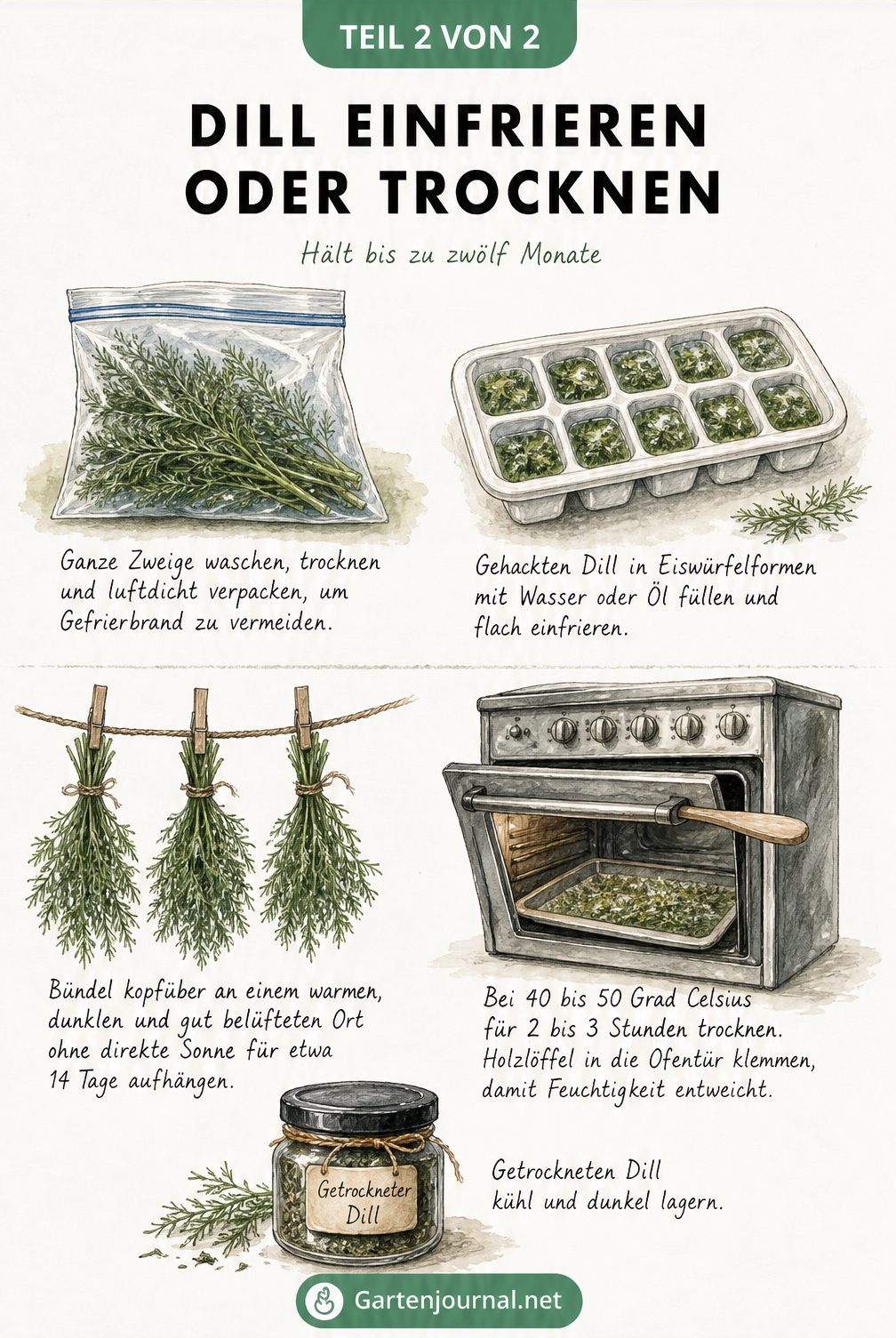 Illustration zum Einfrieren von Dill in Eiswürfelformen und zum Trocknen von Dillbündeln