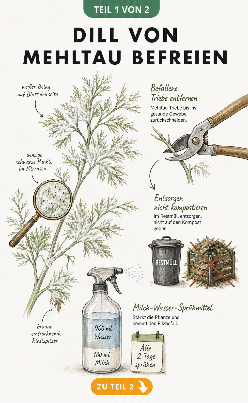Illustration eines Dillzweigs mit Mehltau-Symptomen und Maßnahmen zur Bekämpfung wie Abschneiden und Besprühen mit Milch-Wasser-Gemisch