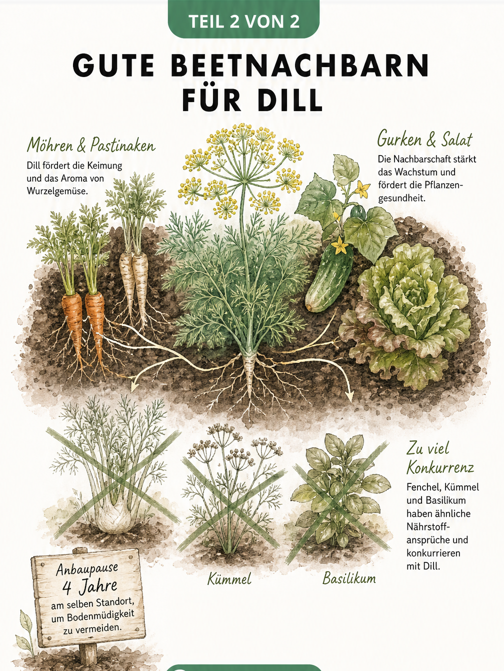 Aquarell-Skizze eines Beets mit Dill und guten Nachbarn wie Möhren, Pastinaken, Gurken und Salat