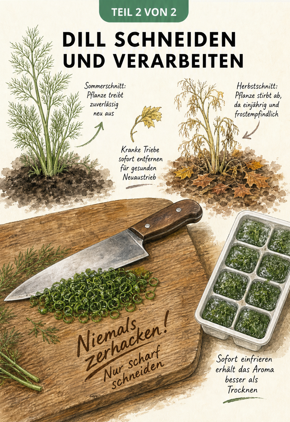 Illustration des Nachwuchs-Verhaltens von Dill im Sommer und Herbst sowie eine Darstellung von geschnittenem Dill auf einem Holzbrett mit dem Hinweis, das...