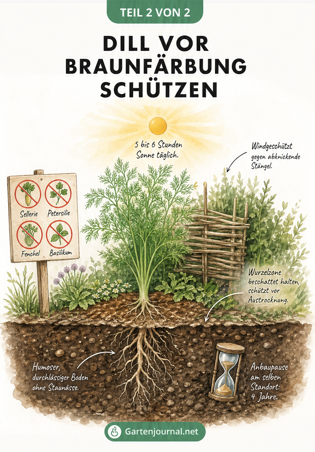 Querschnitt durch ein Gartenbeet mit einer Dillpflanze, der ideale Bedingungen wie Sonne, Boden und gute Nachbarn zeigt