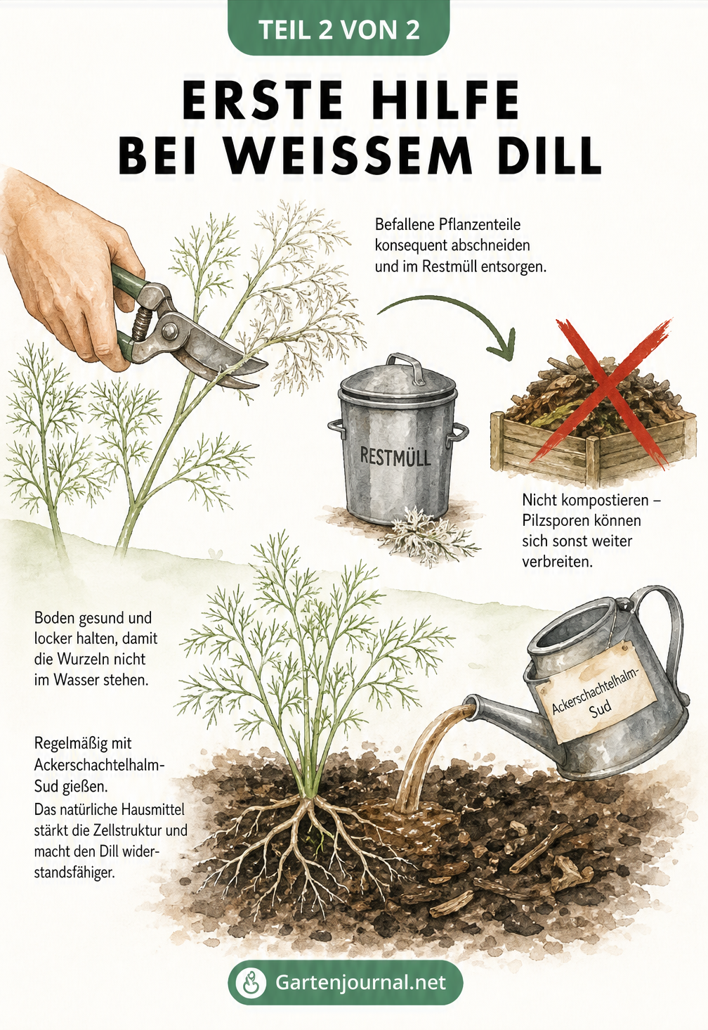 Illustration zur Behandlung von weißem Dill: Kranke Triebe abschneiden, im Restmüll entsorgen und mit Ackerschachtelhalm-Sud gießen