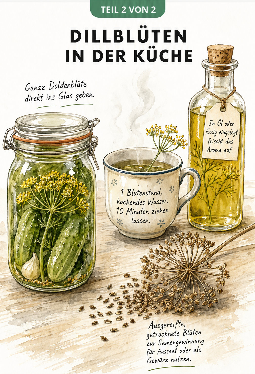 Illustration verschiedener Verwendungsmöglichkeiten von Dillblüten in der Küche: Einmachglas, Teetasse, Ölflasche und getrocknete Samen