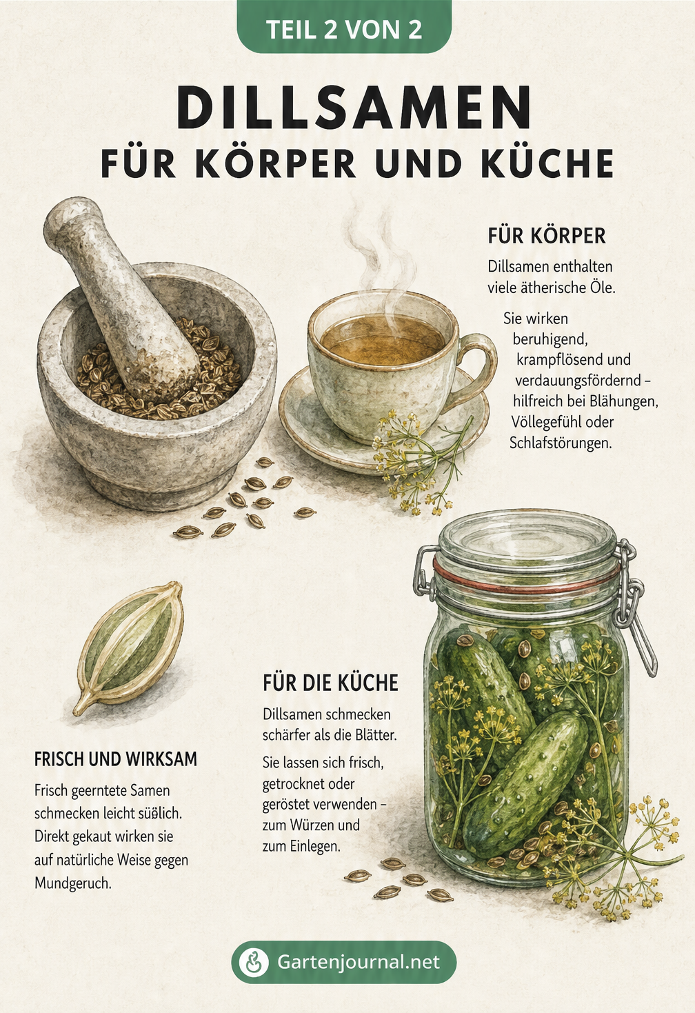 Illustration zur Verwendung von Dillsamen in der Küche und als Heilmittel