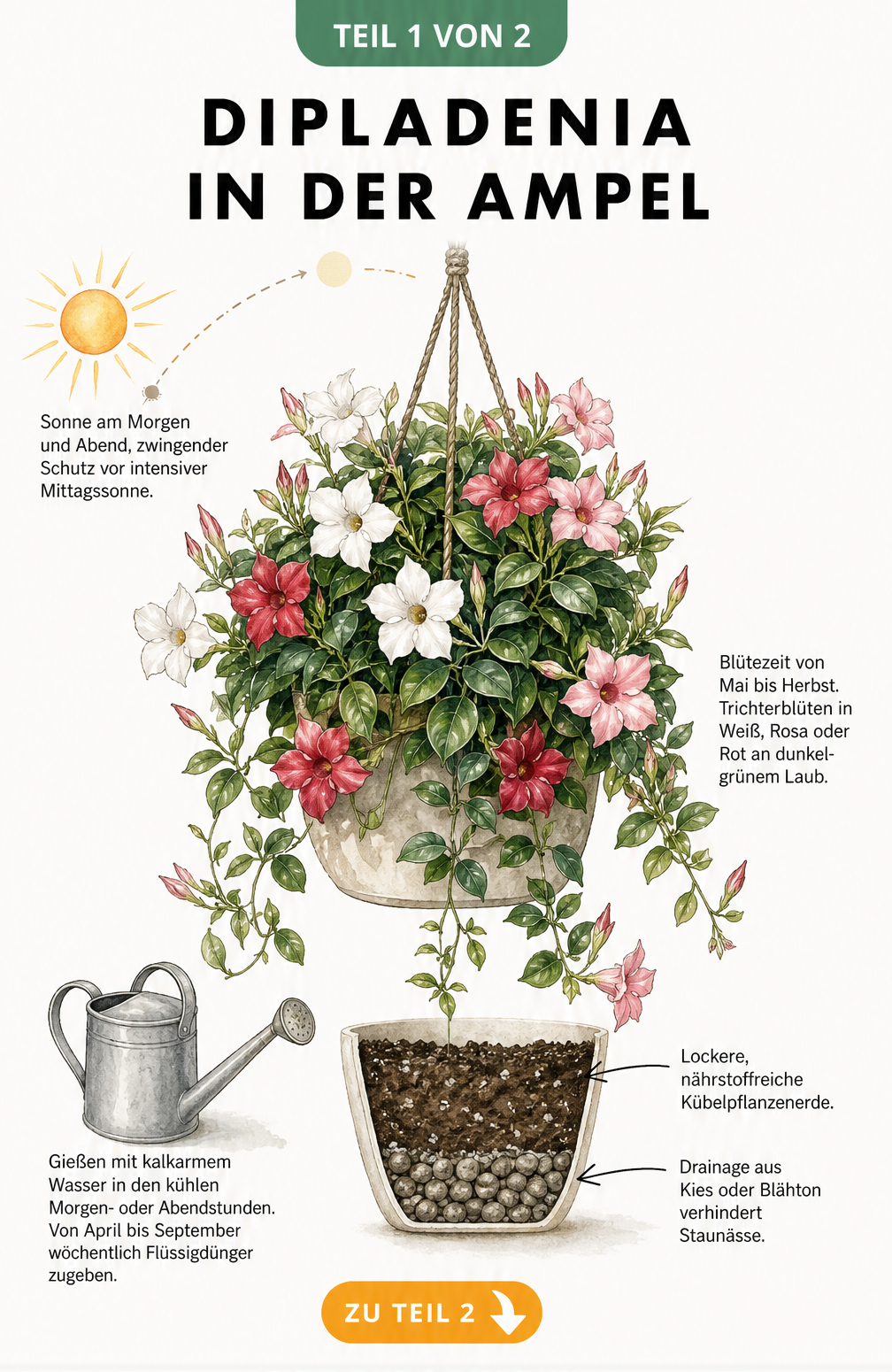 Illustration einer blühenden Dipladenia in einer Hängeampel mit Querschnitt des Pflanzgefäßes und Pflegetipps