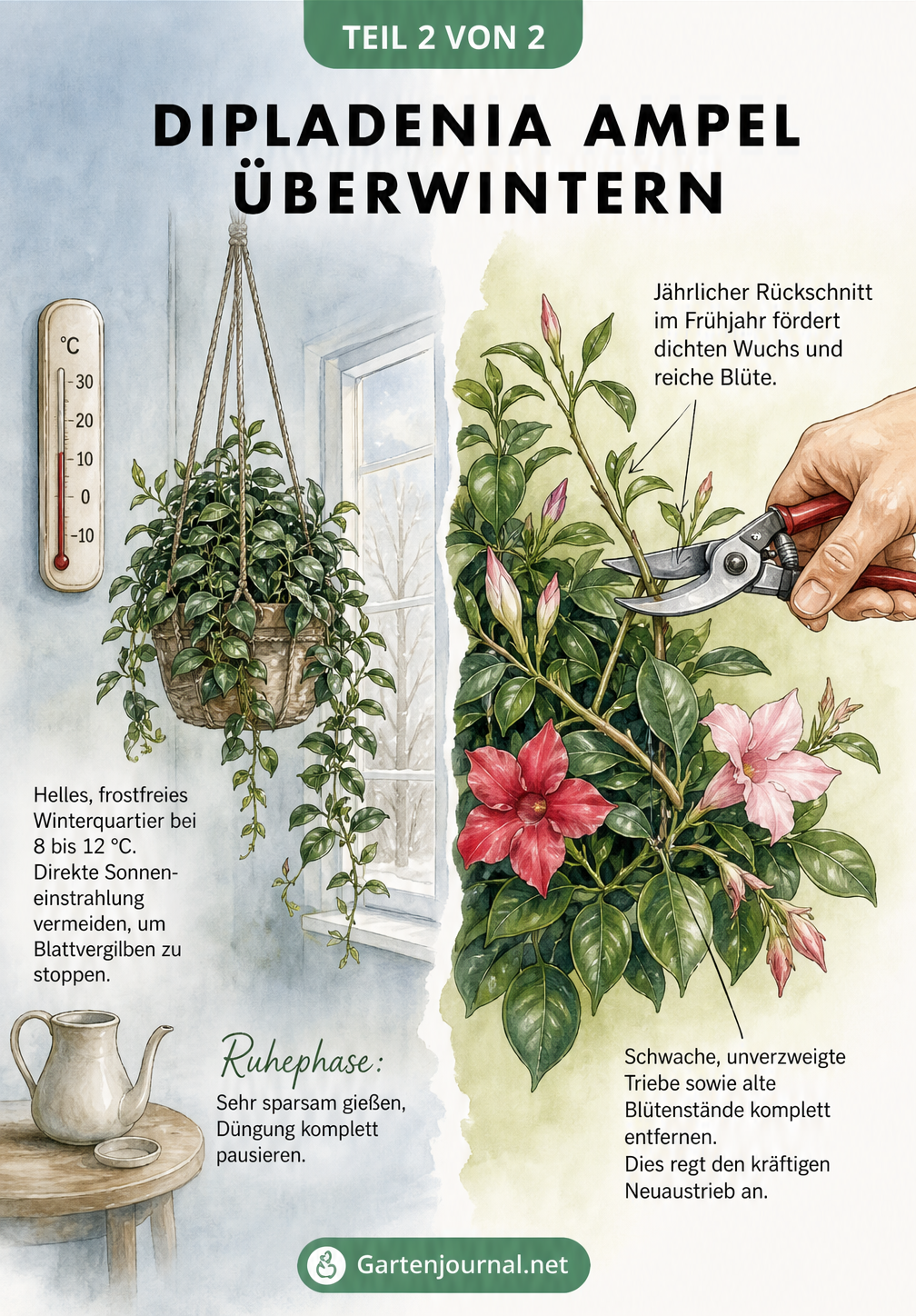 Illustration zur Überwinterung und zum Frühjahrsschnitt einer Dipladenia-Ampel