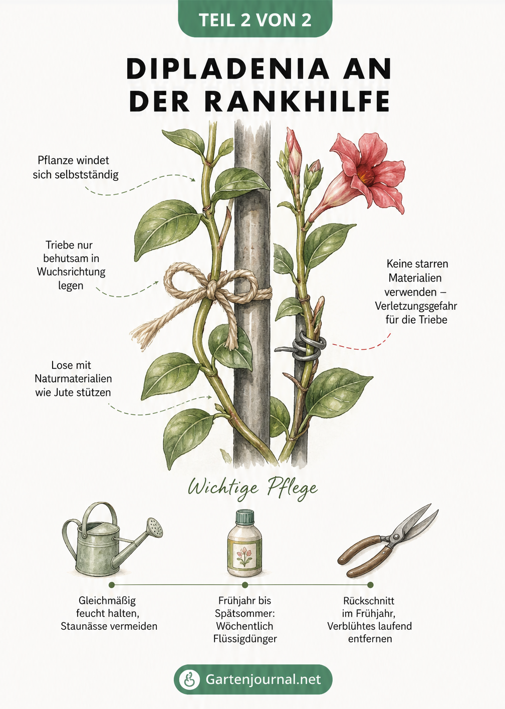 Nahaufnahme eines Dipladenia-Triebes an einer Rankhilfe, der schonend mit Jute angebunden ist, im Vergleich zu schädlichem Draht, inklusive Pflege-Tipps.