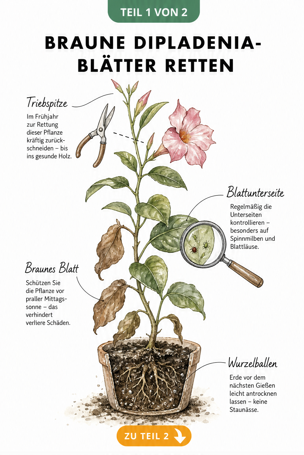 Botanische Illustration einer Dipladenia mit braunen und grünen Blättern, die Pflegetipps zur Rettung zeigt