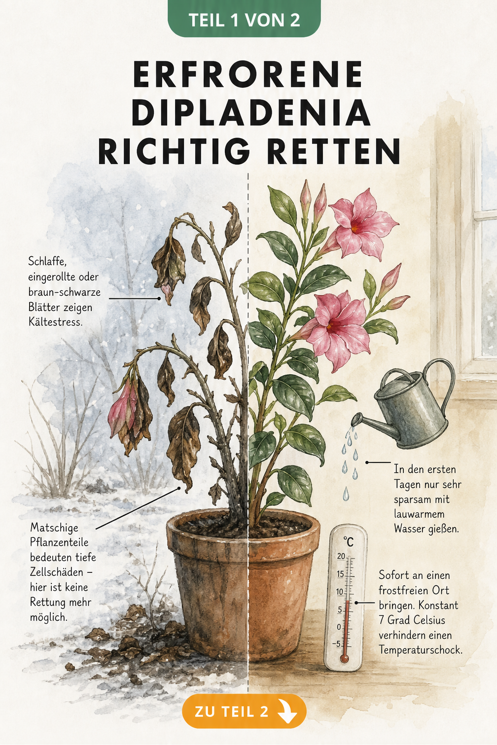 Illustration einer Dipladenia mit Frostschäden im Freien und bei der Erholung im Innenraum bei 7 Grad Celsius