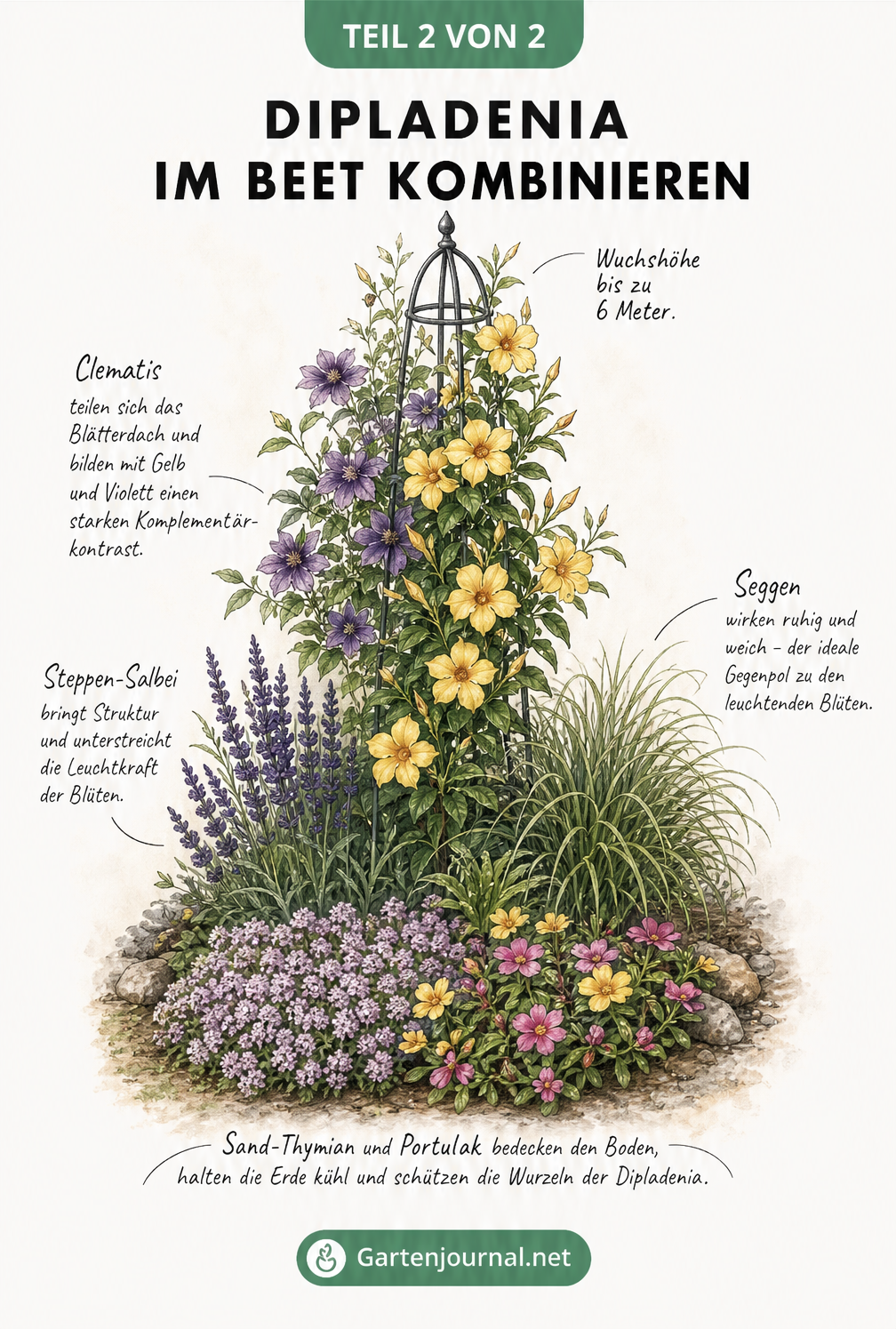 Illustration einer roten Dipladenia im Terrakotta-Kübel, kombiniert mit Geranien, Petunien, Zauberschnee und Elfenspiegel.