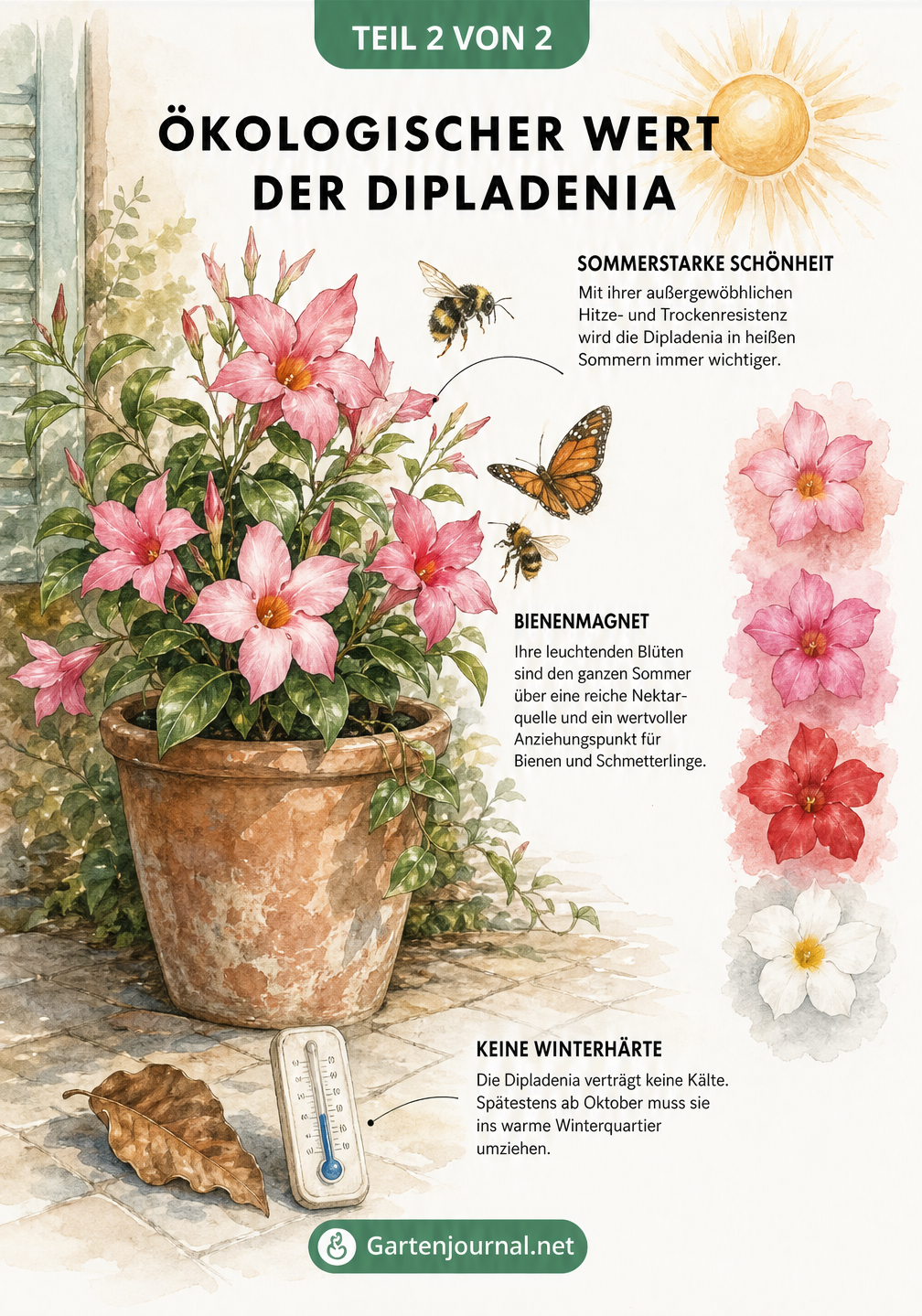 Illustration einer blühenden Dipladenia im Terrakotta-Kübel mit Bienen, Schmetterling und Hinweisen zu Hitze-Resistenz und Überwinterung