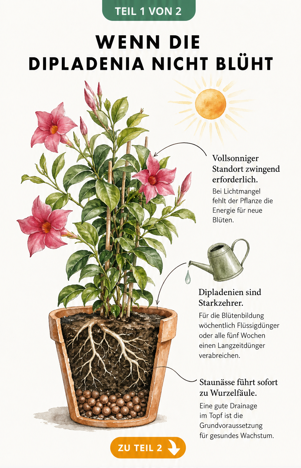 Botanische Illustration einer Dipladenia im Terrakotta-Topf mit Hinweisen zu Sonne, Dünger und Drainage