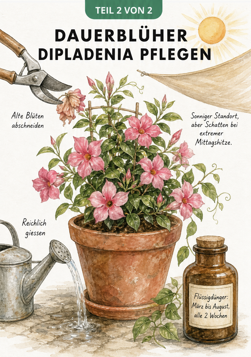 Gezeichnete Dipladenia im Terrakotta-Kübel mit Pflegehinweisen zu Gießen, Düngen, Standort und Schnitt