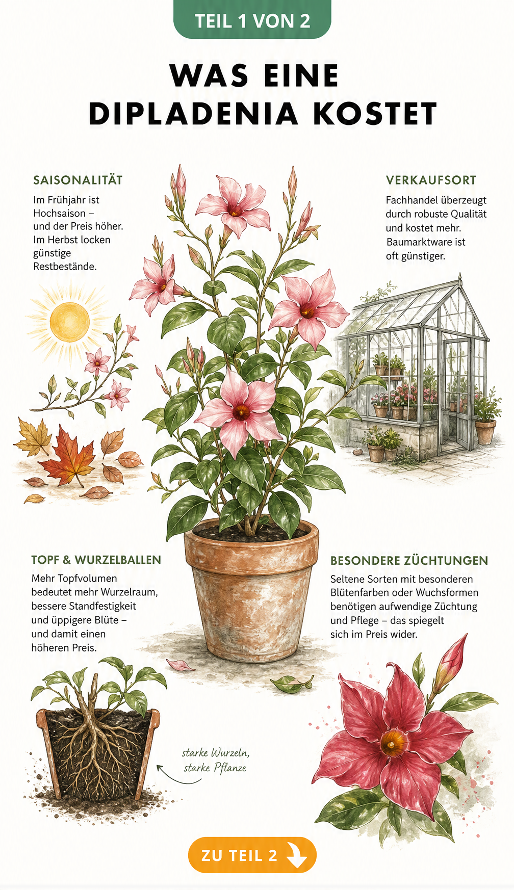 Botanische Illustration einer Dipladenia, die Preisbildung durch Saison, Verkaufsort, Wurzelballen und Züchtung erklärt