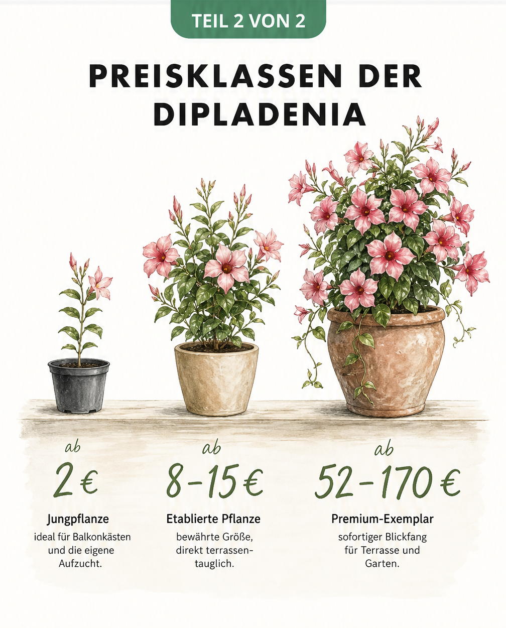 Vergleich von drei Dipladenia-Pflanzen in verschiedenen Größen und Preisklassen von 2 bis 170 Euro