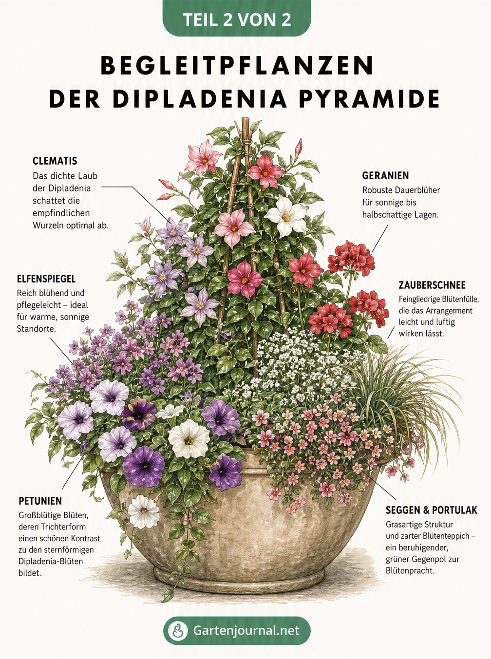 Illustration eines Pflanzgefäßes mit einer Dipladenia-Pyramide und passenden Begleitpflanzen wie Clematis, Geranien und Petunien