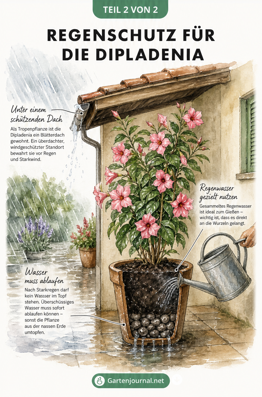 Aquarell-Illustration einer Dipladenia unter einem schützenden Vordach, die mit Regenwasser aus einer Gießkanne gegossen wird, mit sichtbarer Drainage im Topf.