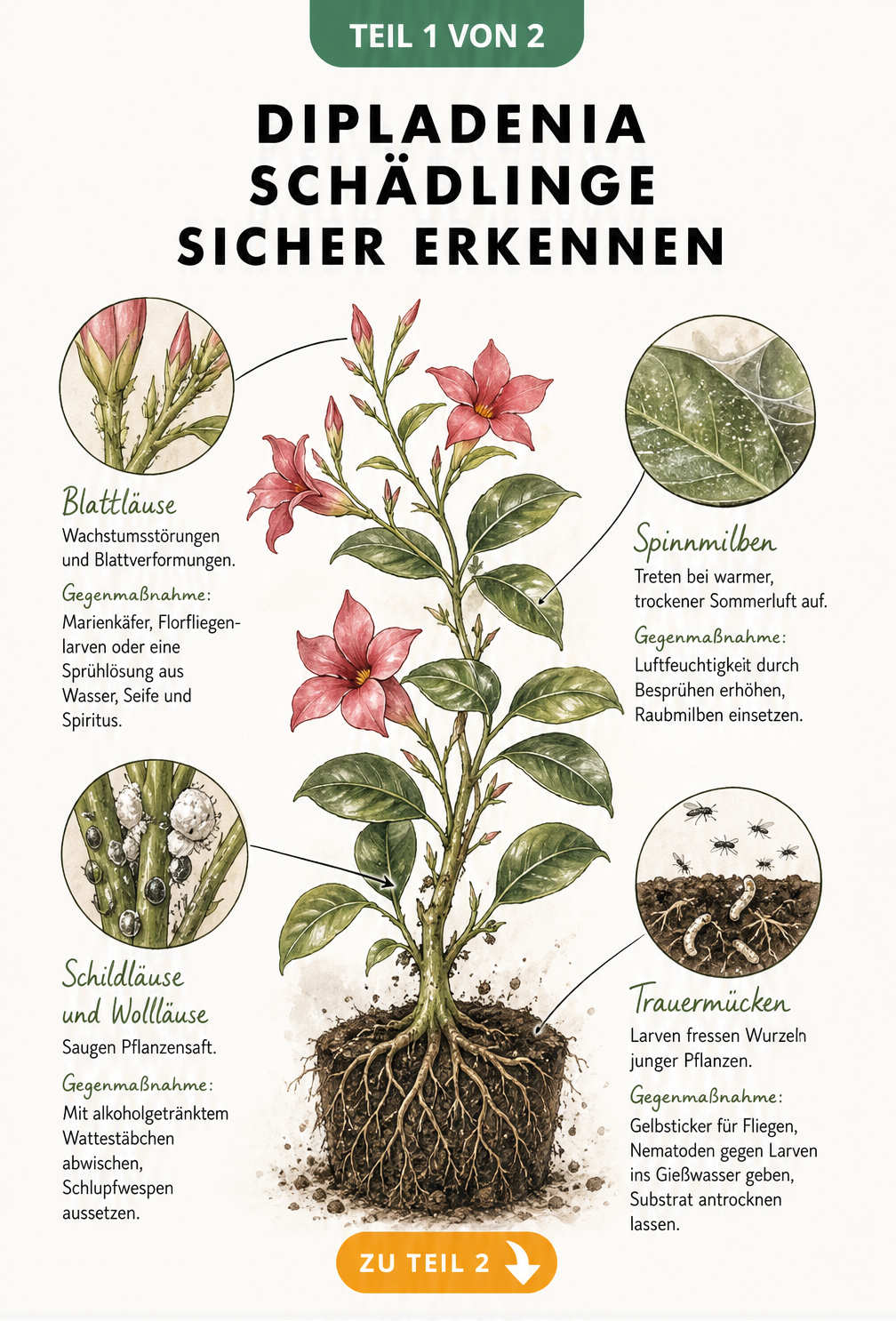 Botanische Illustration einer Dipladenia mit vergrößerten Darstellungen von Blattläusen, Spinnmilben, Schildläusen und Trauermücken sowie deren Schadbildern.