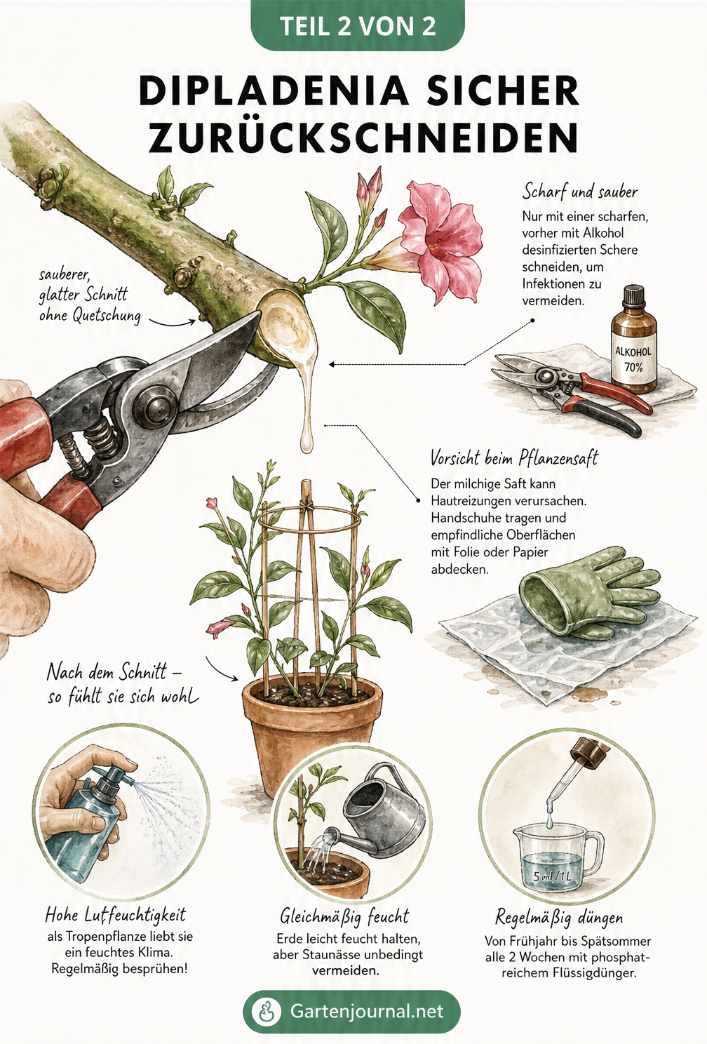 Detailzeichnung eines Dipladenia-Triebs beim Schnitt mit austretendem Pflanzensaft und Gartenschere