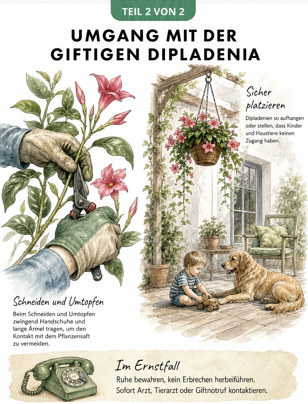 Illustration zum sicheren Umgang mit Dipladenia: Tragen von Gartenhandschuhen beim Schneiden und sichere Platzierung außer Reichweite von Kindern und Haustieren
