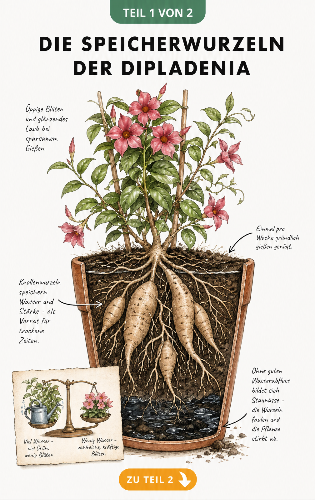 Botanische Illustration der Dipladenia mit Fokus auf die rübenförmigen Speicherwurzeln im Erdreich