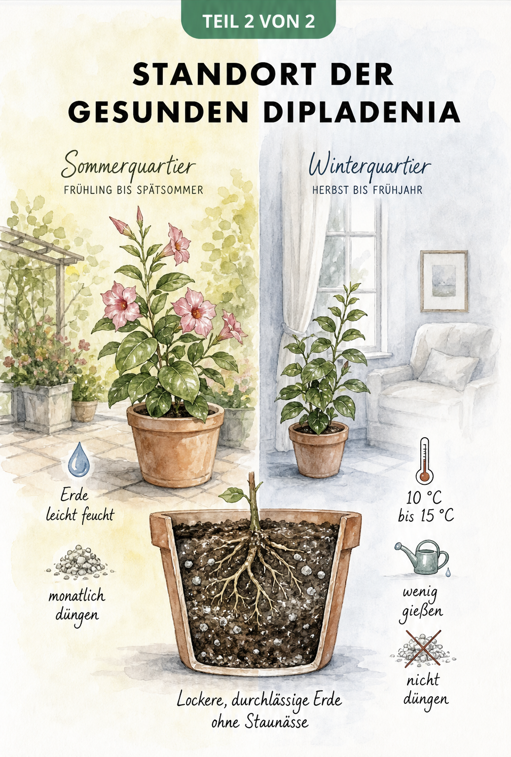 Illustration einer Dipladenia im Sommer- und Winterquartier mit Tipps zu Standort und Pflege