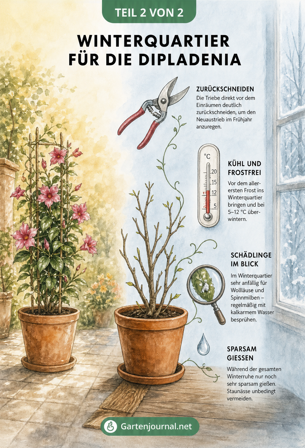 Illustration einer Dipladenia im Winterquartier mit Tipps zu Temperatur, Rückschnitt, Schädlingskontrolle und sparsamem Gießen