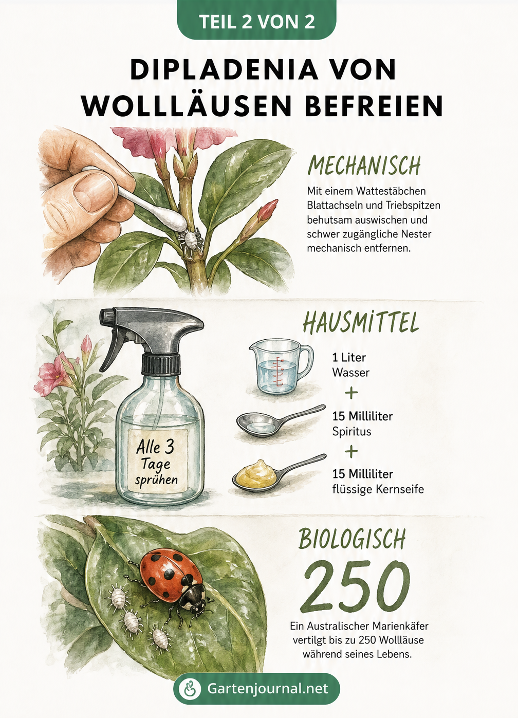 Illustration von drei Methoden zur Bekämpfung von Wollläusen: mechanisches Entfernen, Spirituslösung und Einsatz von Marienkäfern