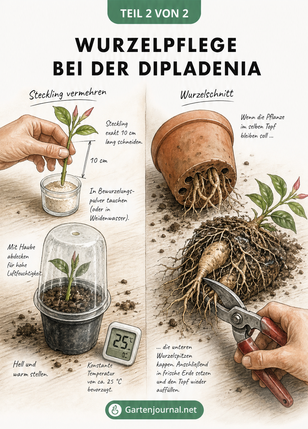 Illustration zur Wurzelpflege der Dipladenia: Stecklinge in Bewurzelungspulver und Wurzelschnitt am Wurzelballen