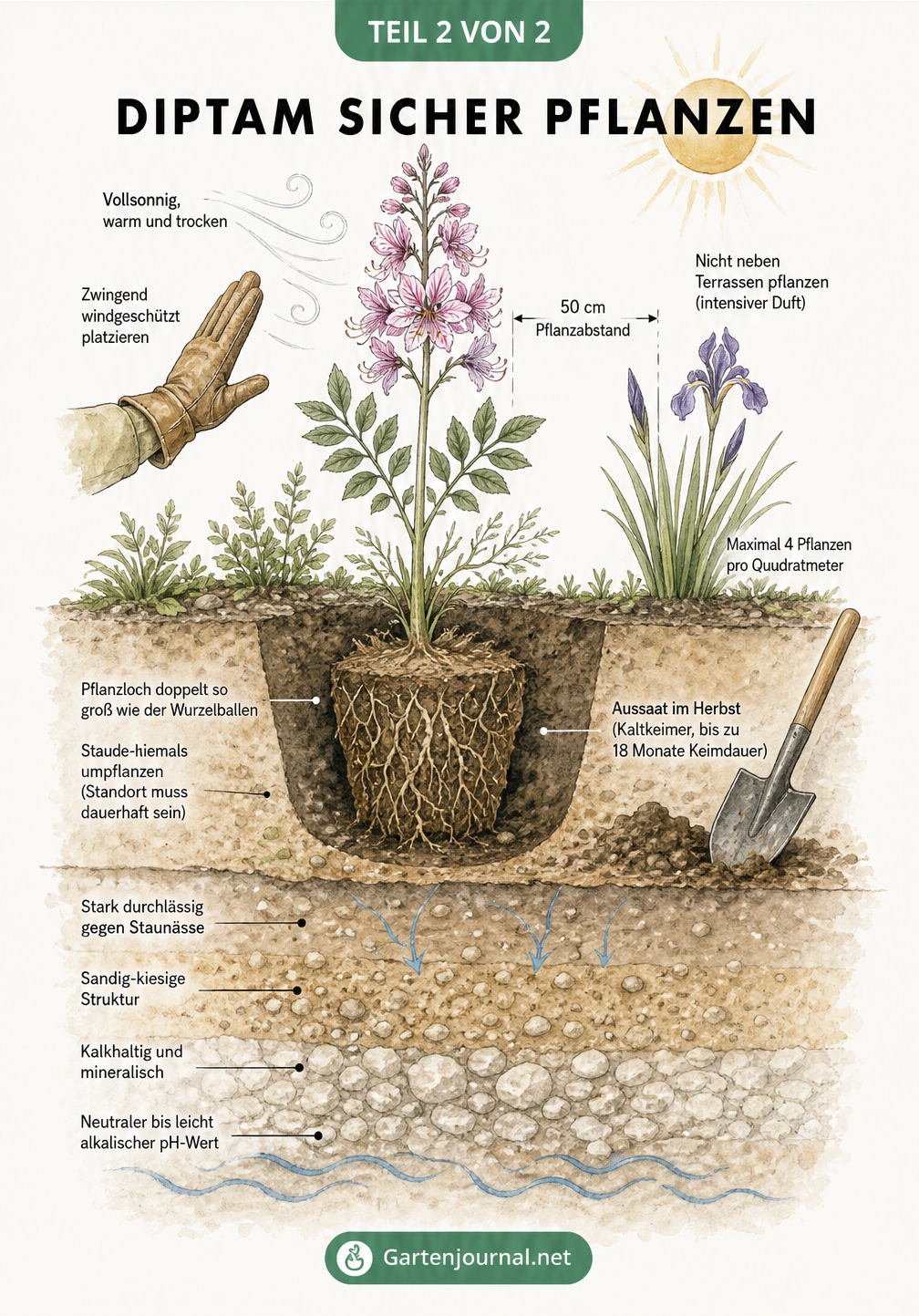 Querschnitt eines Gartenbeets mit einer Diptam-Staude, der die idealen Standortbedingungen und die Bodenbeschaffenheit zeigt