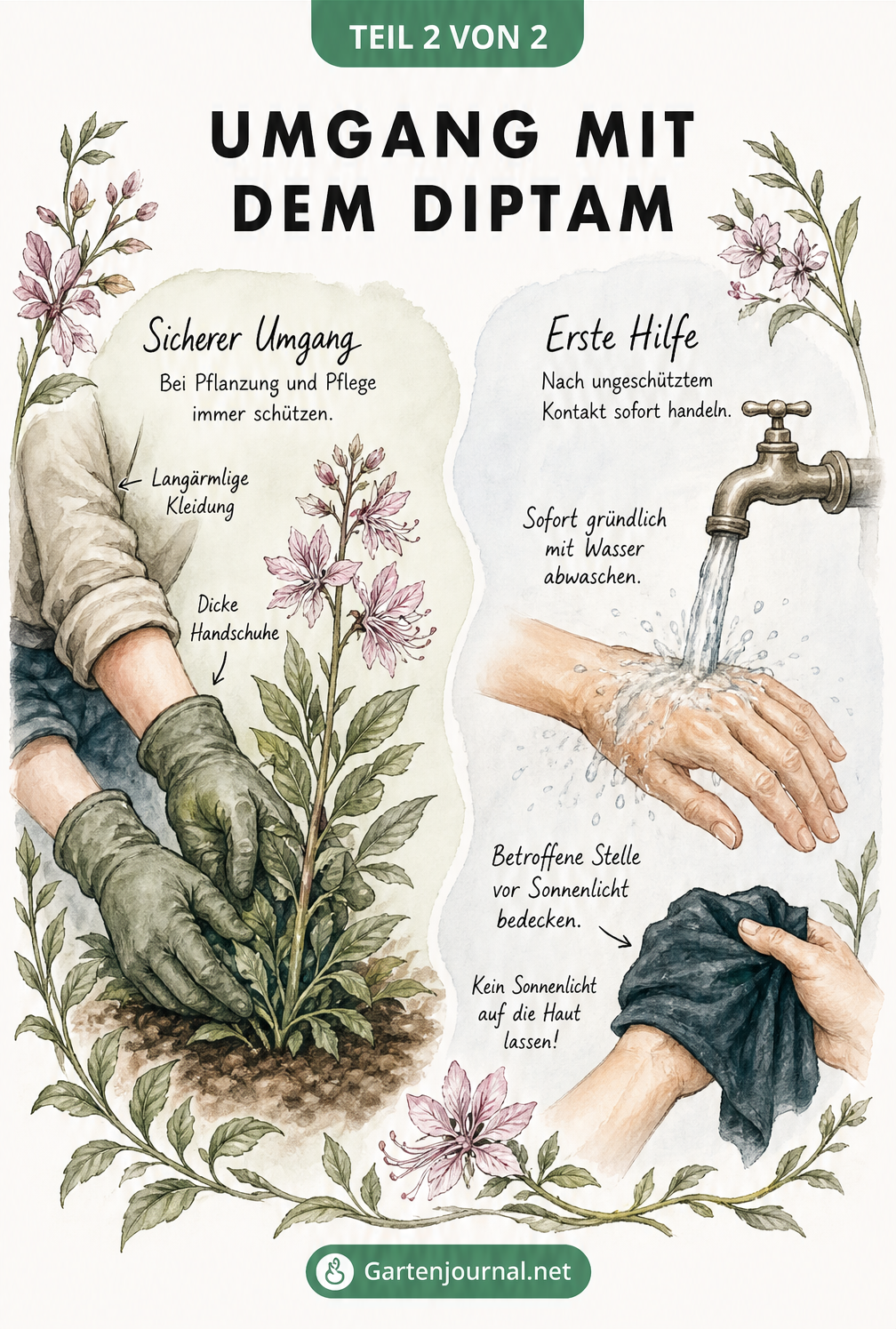 Illustration zum sicheren Umgang mit Diptam: Gartenhandschuhe tragen und Erste Hilfe bei Hautkontakt