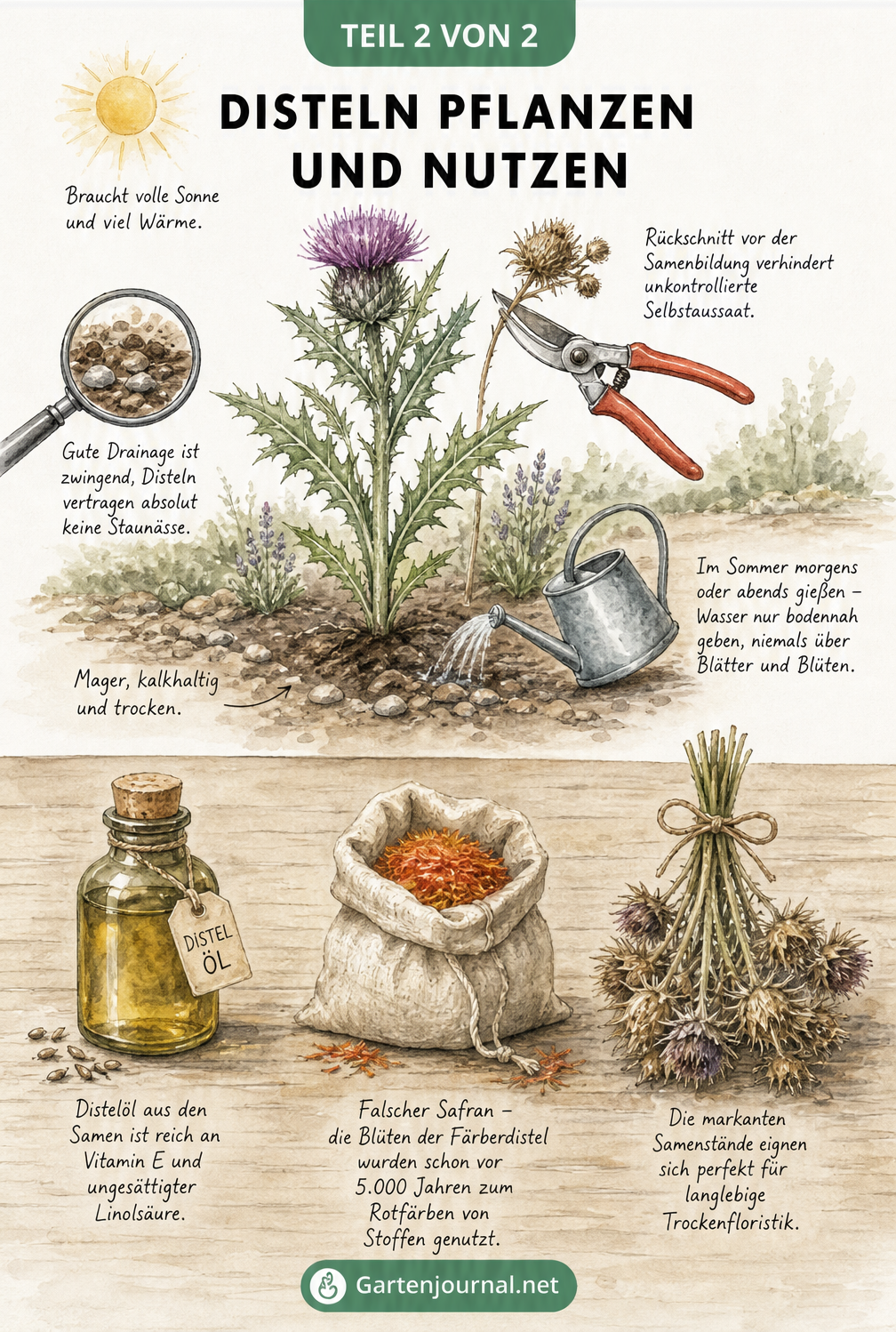 Illustration zur Pflege und Nutzung von Disteln: Eine Distel im Beet mit Hinweisen zu Sonne, Boden und Gießen, sowie Distelöl, Färberdistel-Pulver und...