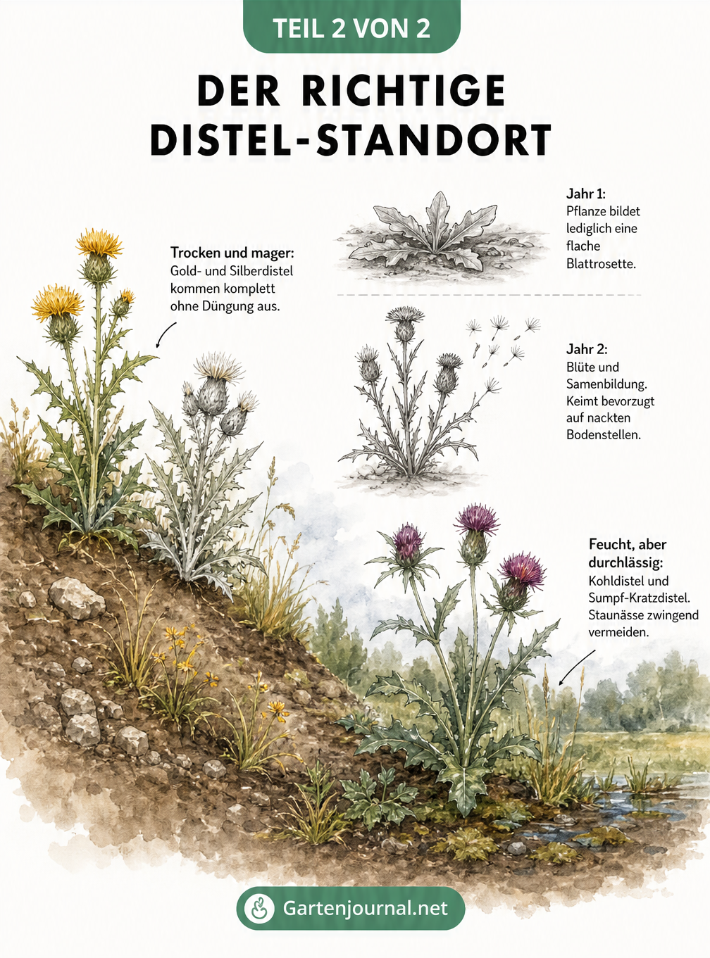 Aquarell-Querschnitt eines Gartenbeets mit Golddistel und Silberdistel auf trockenem Boden sowie Kohldistel und Sumpf-Kratzdistel in feuchter Senke