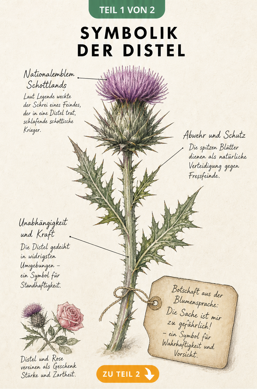 Botanische Illustration einer schottischen Distel mit handschriftlichen Notizen zur Symbolik wie Abwehr, Schutz und Unabhängigkeit