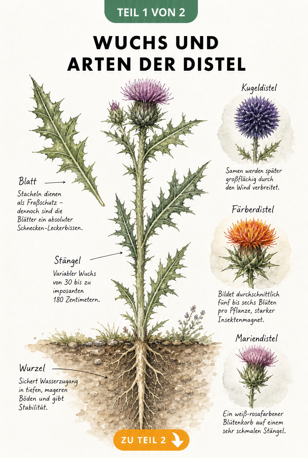 Botanische Illustration einer Distel mit Querschnitt von der Blüte bis zur Pfahlwurzel sowie Detailzeichnungen von Kugeldistel, Färberdistel und Mariendistel.