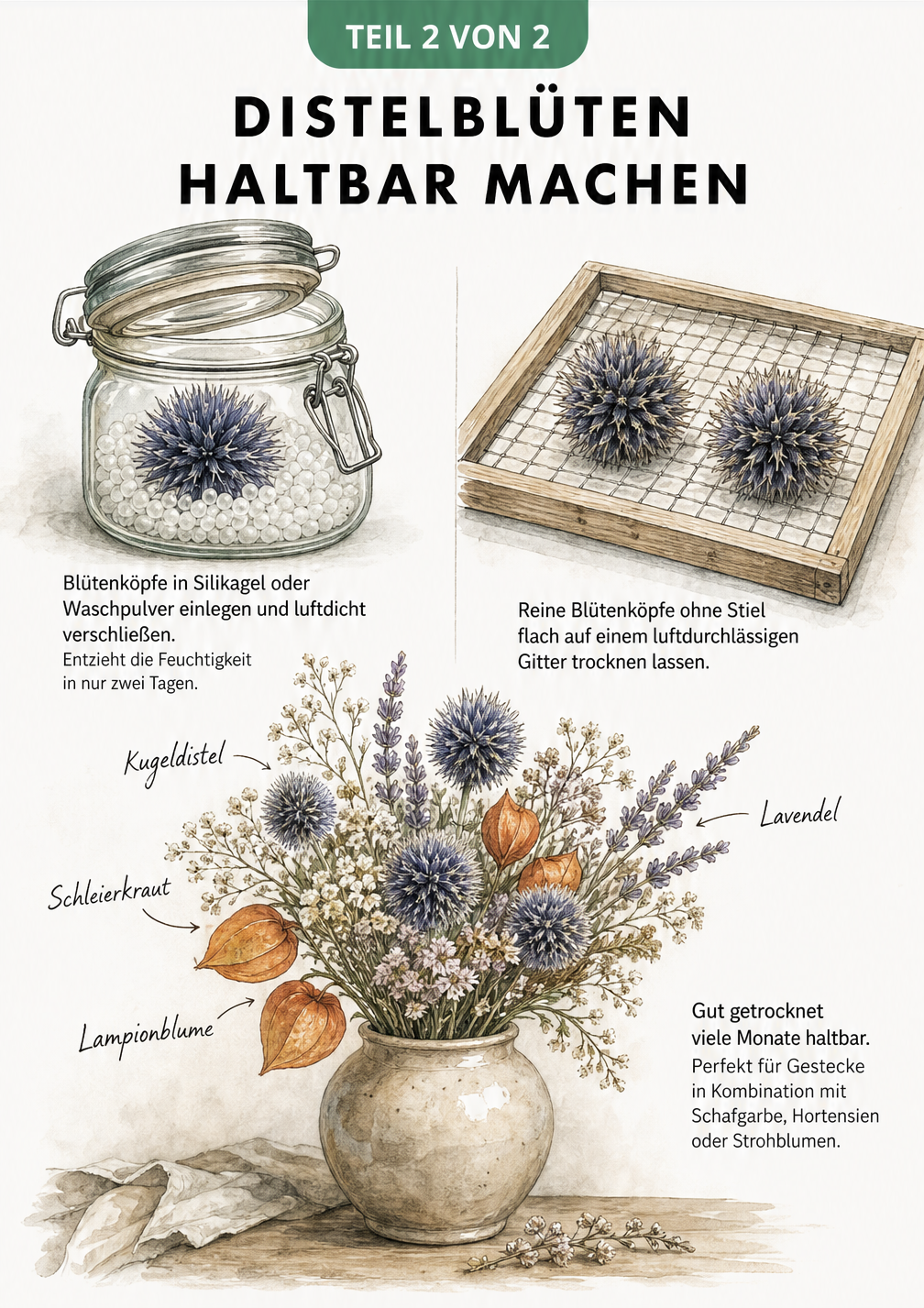 Illustration von Distelblüten in Silikagel, auf einem Trockengitter und in einer Vase
